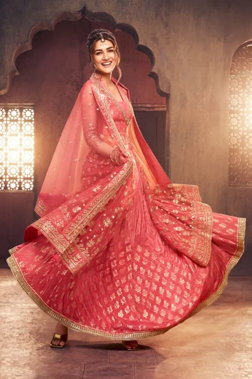 Coral-Pink Polyester Blend Anarkali Lehenga Set