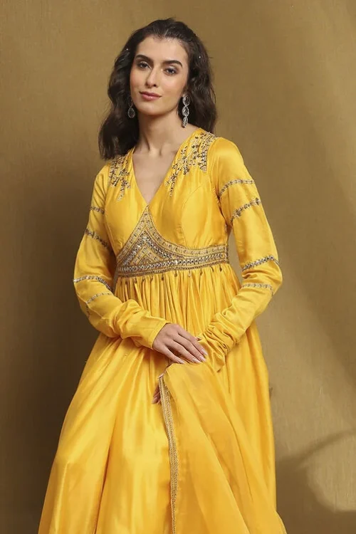 Yellow Silk Chanderi Embroidered Anarkali Suit Set