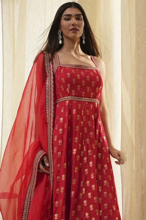 Red Yarn-Dyed Strappy Anarkali Suit Set