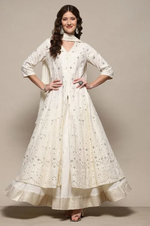 Off White Cotton Anarkali Lehenga Set
