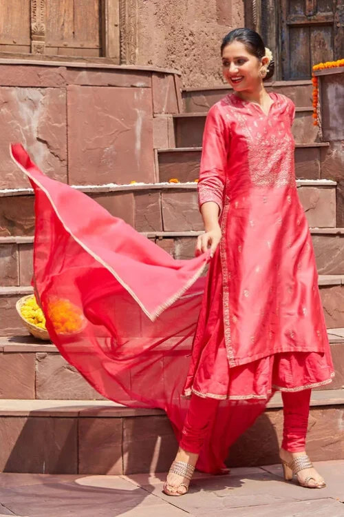 Coral Cotton Blend Layered Kurta Churidar Suit Set