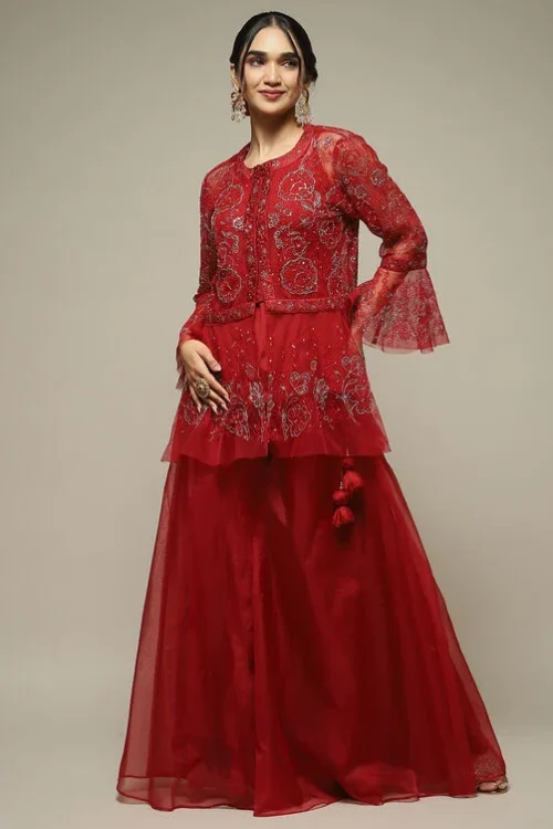 Red Nylon Straight Kurta Sharara Suit Set