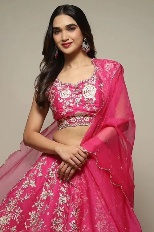 Fuchsia Viscose Embroidered Lehenga Set